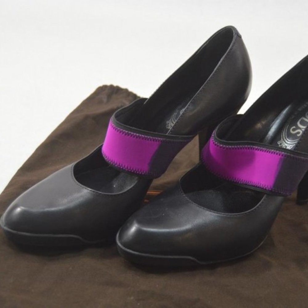 Tod's Purple Elastic Band Italy Dress Almond Toe Black‎ Leather Shoes Heels Pump